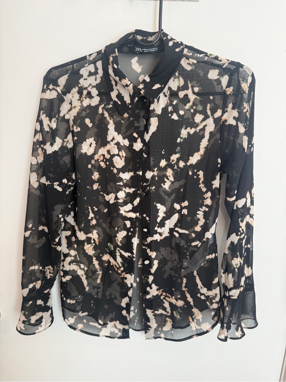 Zara Black and Cream Abstract Sheer Button-Up Blouse